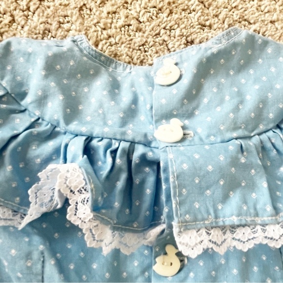 Vintage Handmade Girls Dusty Blue Prairie Ruffle Dress Sz 6? Lace White Slip - Picture 7 of 12